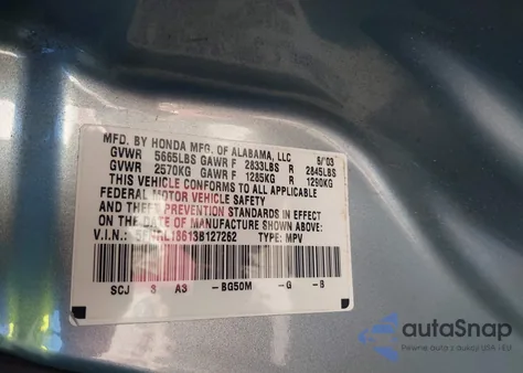 2003 Honda Odyssey Ex z USA, uszkodzony, nr VIN 5FNRL18613B127262
